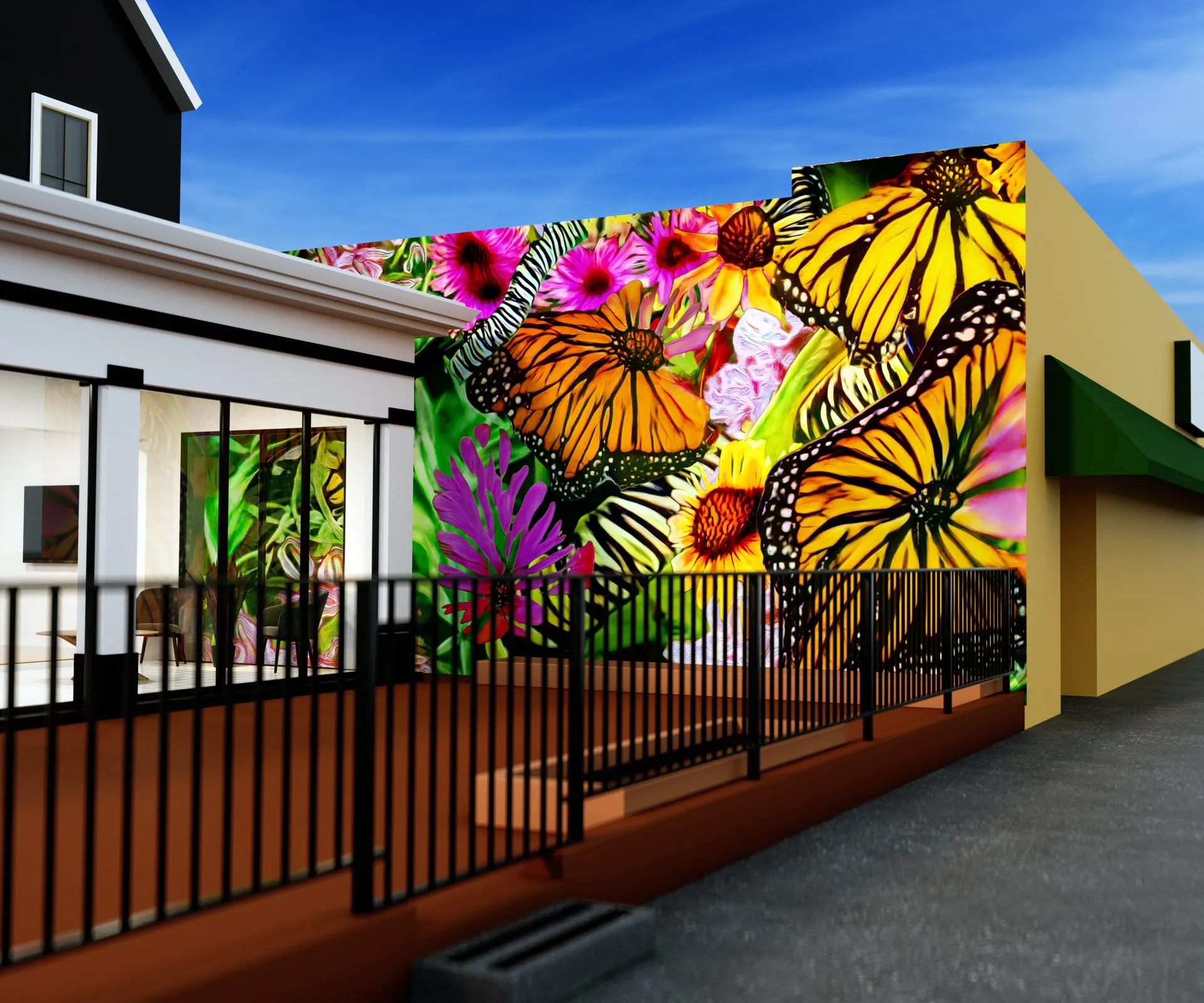 Photorealistic Blender render showing a mural design on a real building